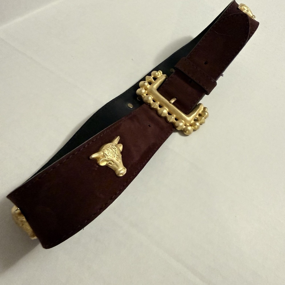 Crisca Dark Brown Leather Belt Gold Trim, Cow, Steer Horns. Made In Italy. 34 In